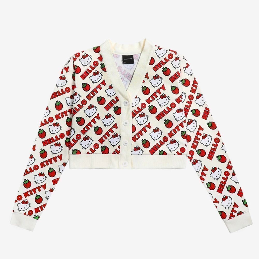 Sanrio Hello Kitty x Dumbgood Collab Cream & Red Waffle-Knit Cardigan Size Large